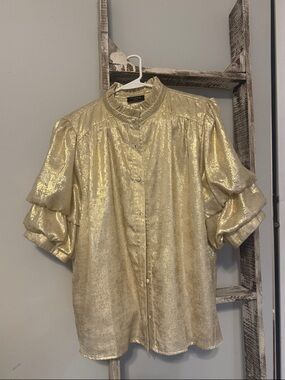 Fate Gold Button-Up Puff Sleeve Blouse
